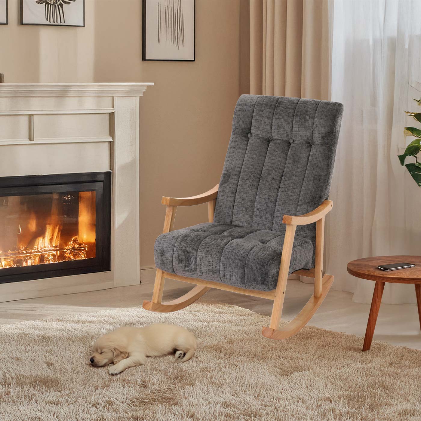 Schommelstoel MCW-K10, relaxfauteuil, hout MVG stof/textiel chenille (465g/m²) ~ donkergrijs, frame naturel