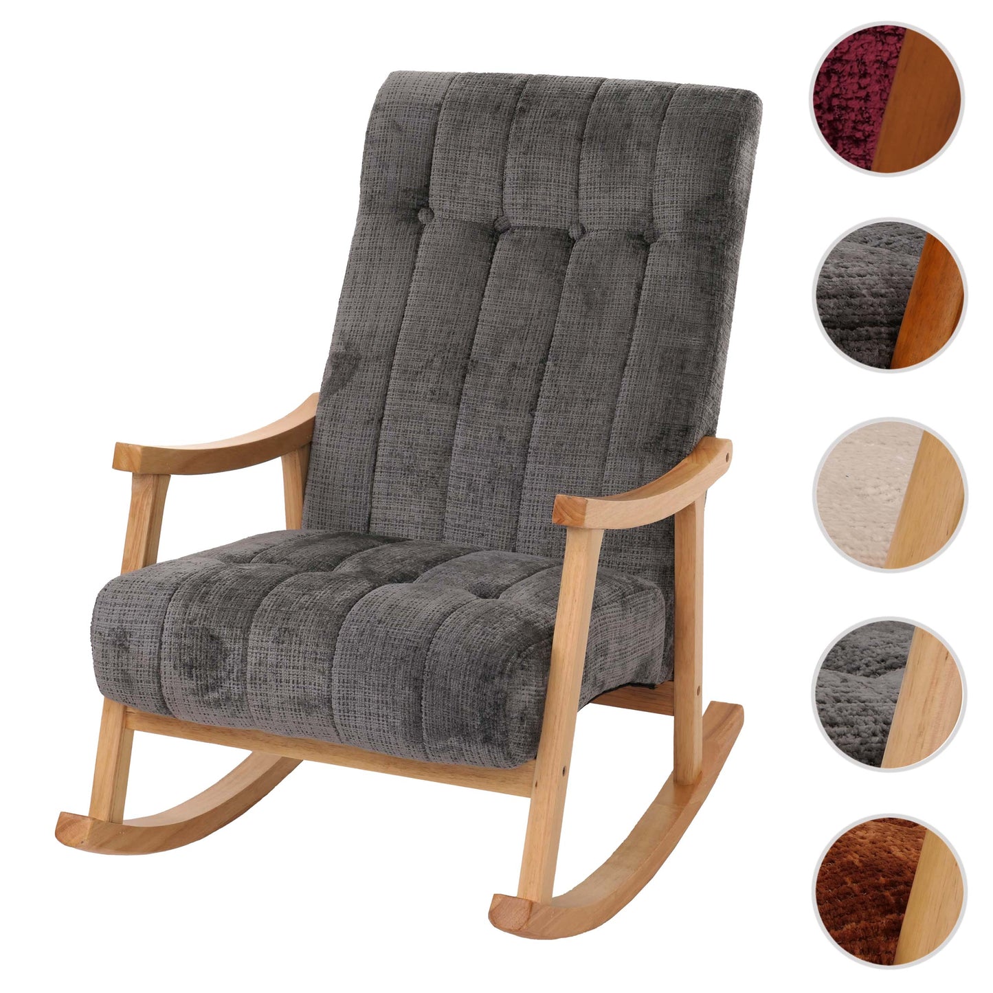 Schommelstoel MCW-K10, relaxfauteuil, hout MVG stof/textiel chenille (465g/m²) ~ donkergrijs, frame naturel
