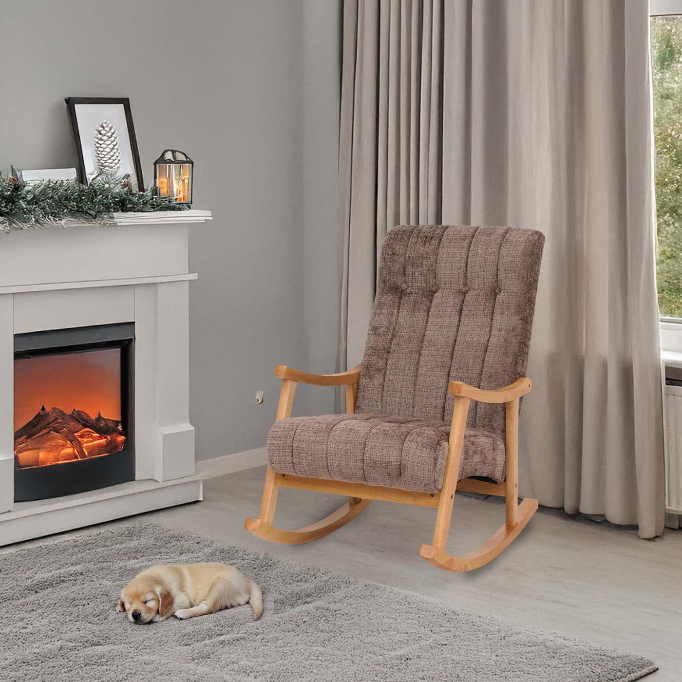 Schommelstoel MCW-K10, relaxfauteuil, hout MVG stof/textiel chenille (465g/m²) ~ bruin, frame naturel