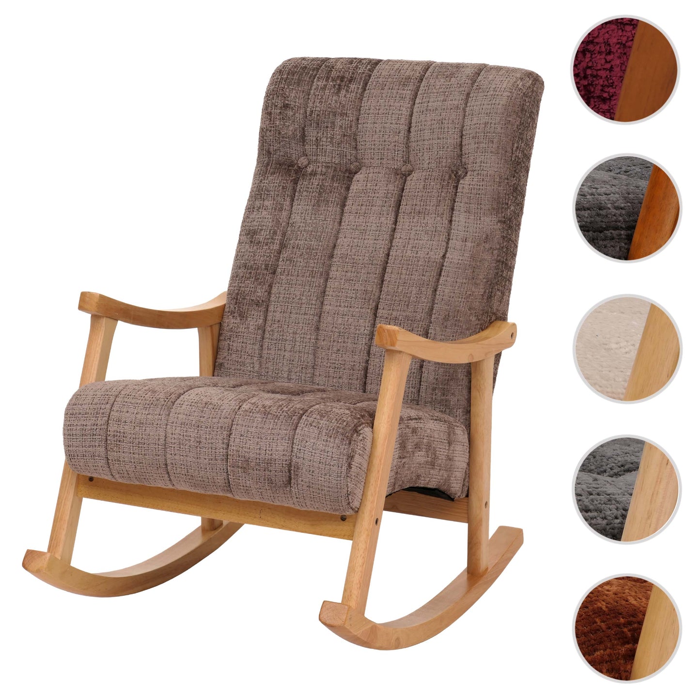 Schommelstoel MCW-K10, relaxfauteuil, hout MVG stof/textiel chenille (465g/m²) ~ bruin, frame naturel