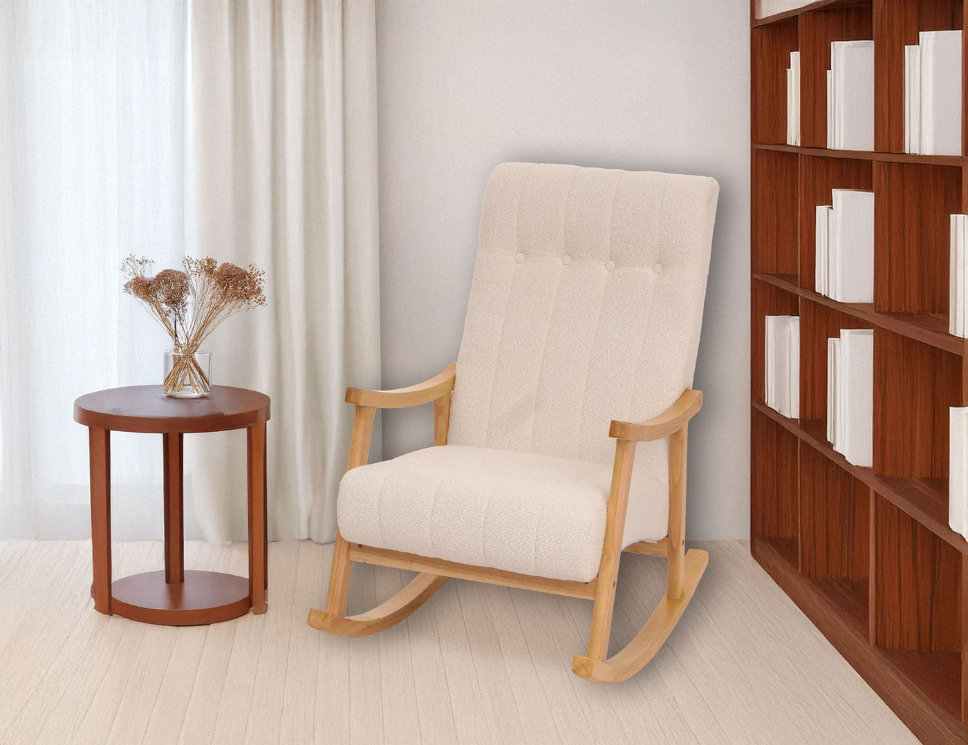 Schommelstoel MCW-K10, relaxfauteuil, hout MVG stof/textiel bouclé (450g/m²) ~ crème, frame naturel