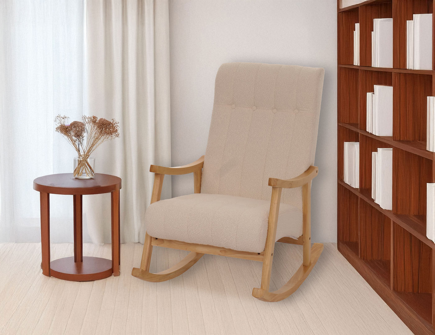Schommelstoel MCW-K10, relaxfauteuil, hout MVG stof/textiel bouclé (450g/m²) ~ beige, frame naturel