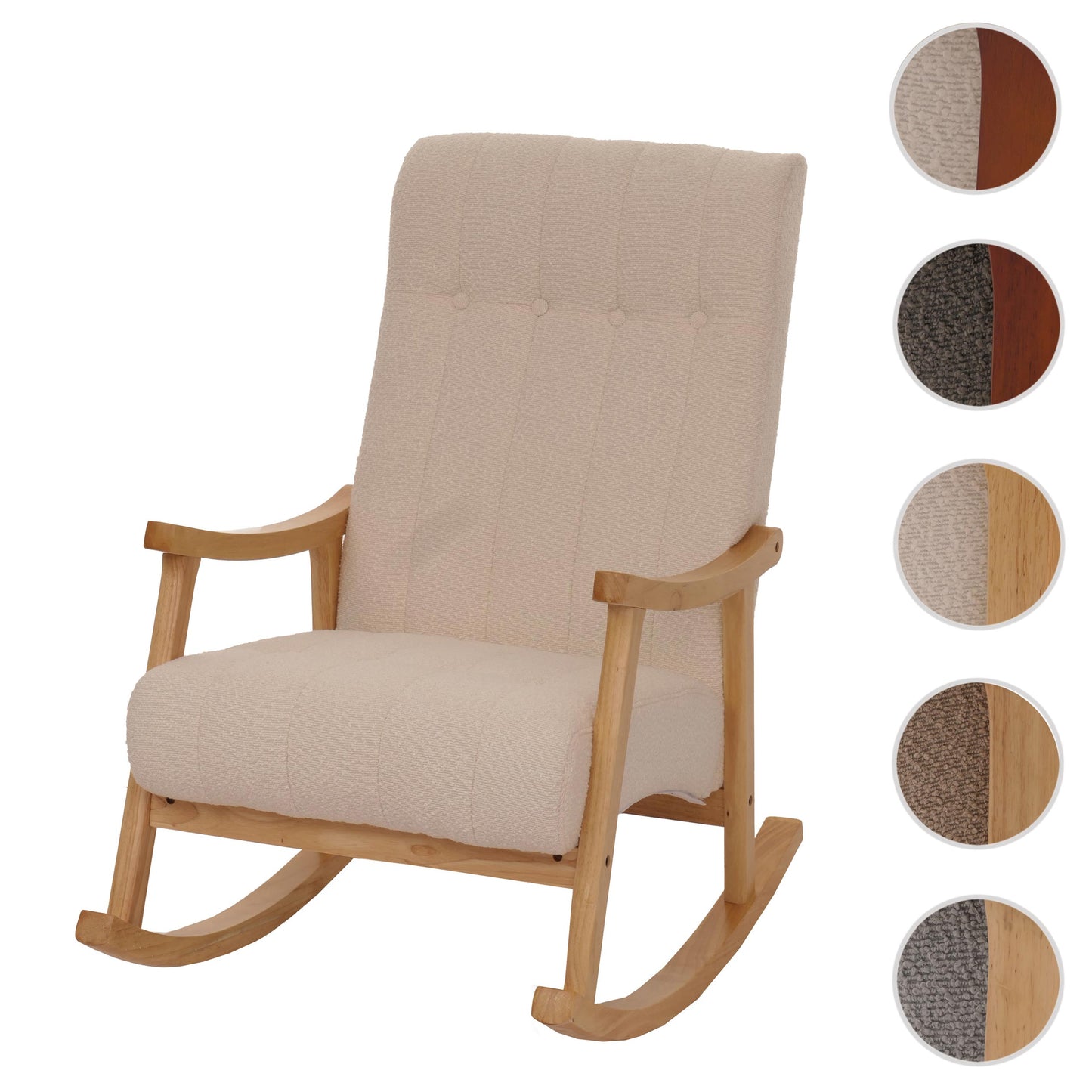 Schommelstoel MCW-K10, relaxfauteuil, hout MVG stof/textiel bouclé (450g/m²) ~ beige, frame naturel