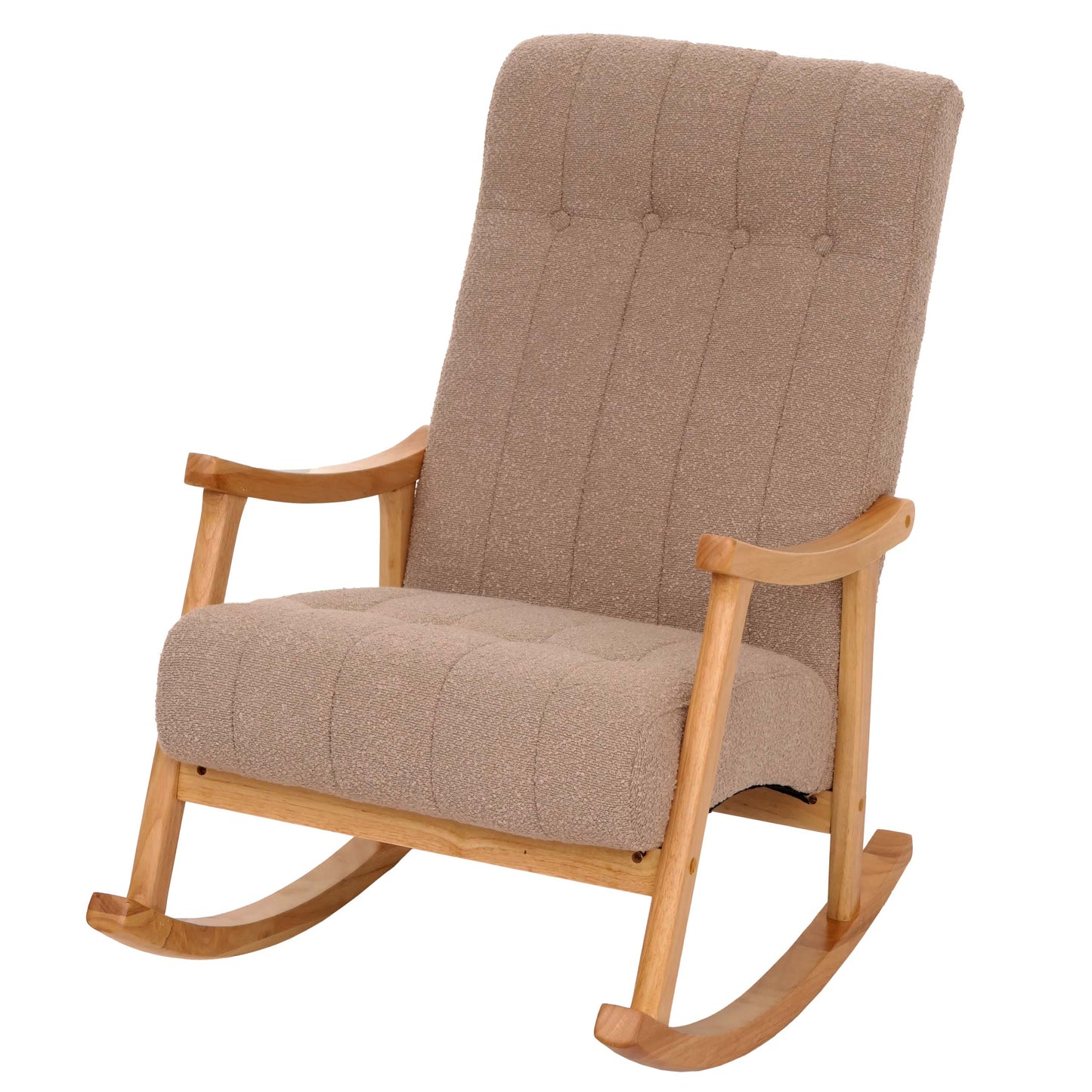 Schommelstoel MCW-K10, relaxfauteuil, hout MVG stof/textiel bouclé (450g/m²) ~ taupe, frame naturel