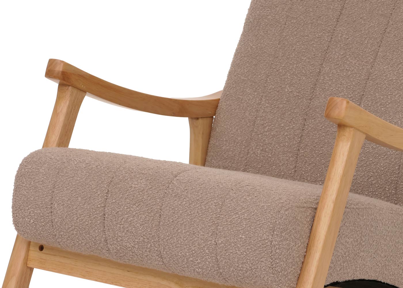 Schommelstoel MCW-K10, relaxfauteuil, hout MVG stof/textiel bouclé (450g/m²) ~ taupe, frame naturel
