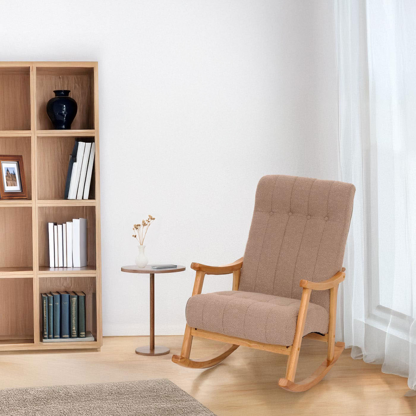 Schommelstoel MCW-K10, relaxfauteuil, hout MVG stof/textiel bouclé (450g/m²) ~ taupe, frame naturel