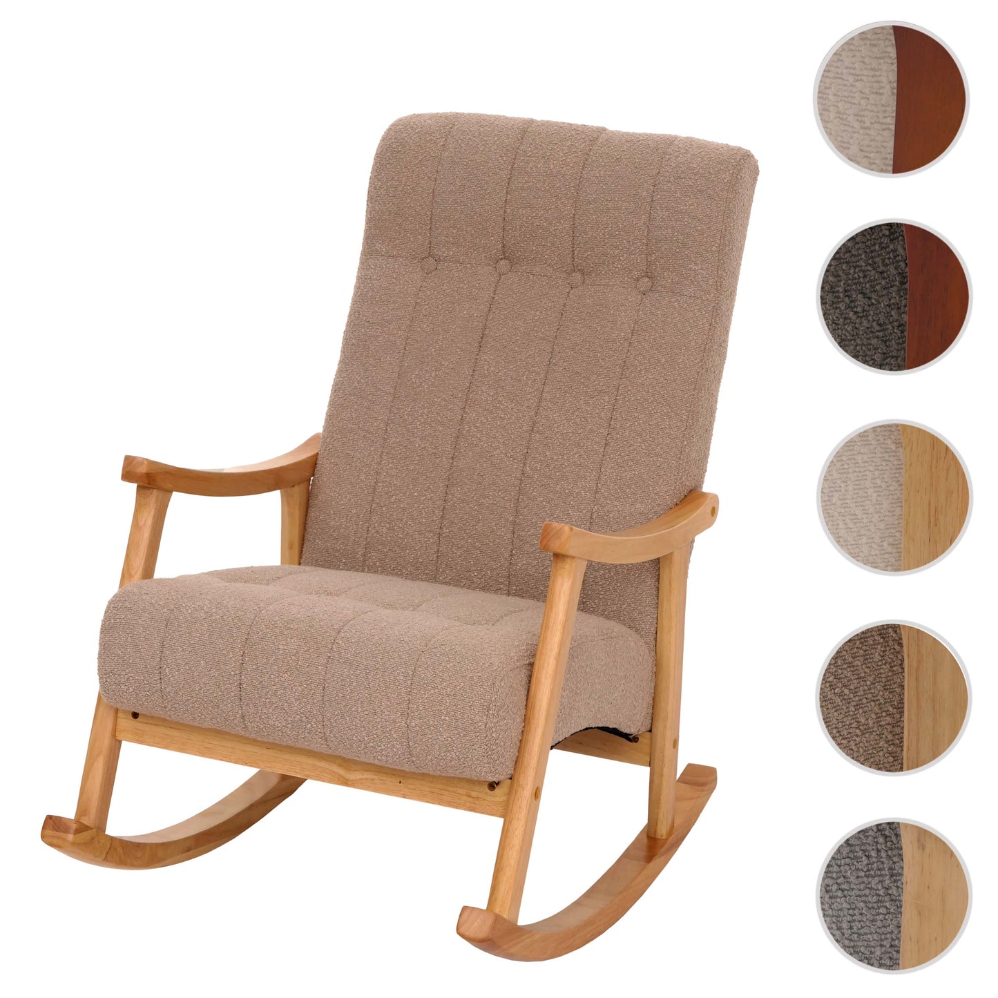 Schommelstoel MCW-K10, relaxfauteuil, hout MVG stof/textiel bouclé (450g/m²) ~ taupe, frame naturel