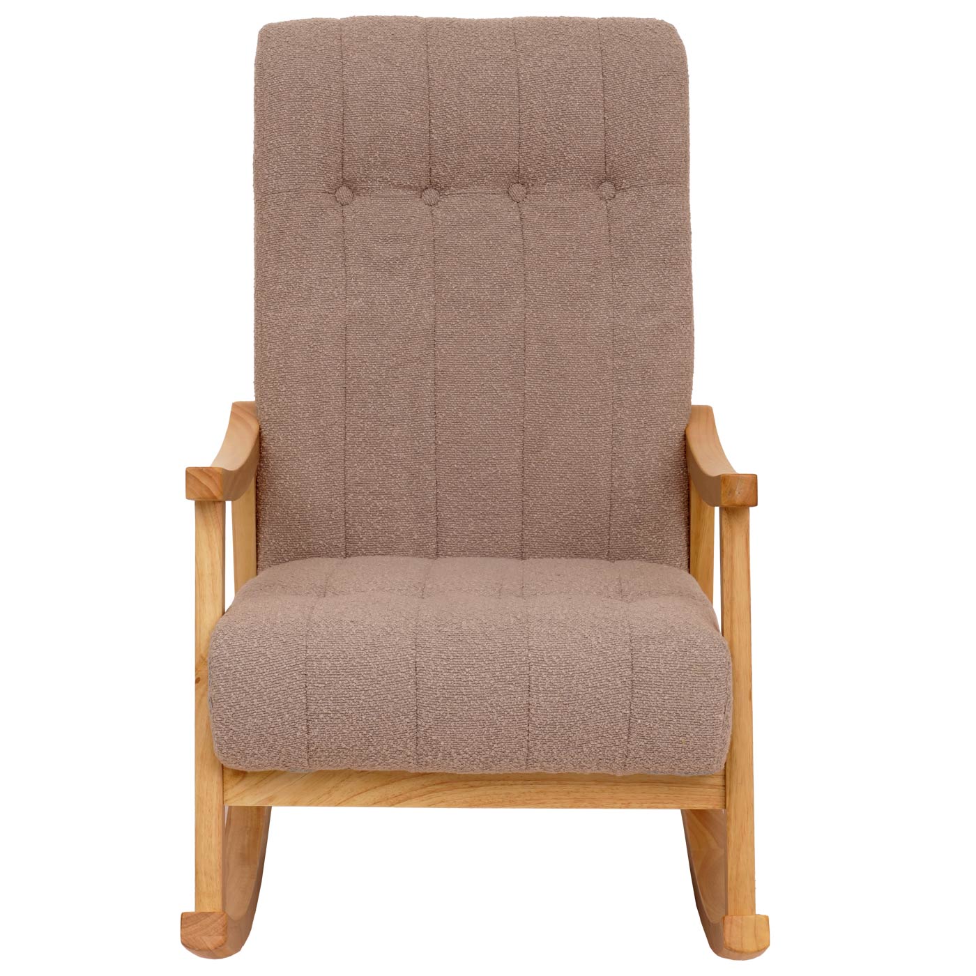 Schommelstoel MCW-K10, relaxfauteuil, hout MVG stof/textiel bouclé (450g/m²) ~ taupe, frame naturel