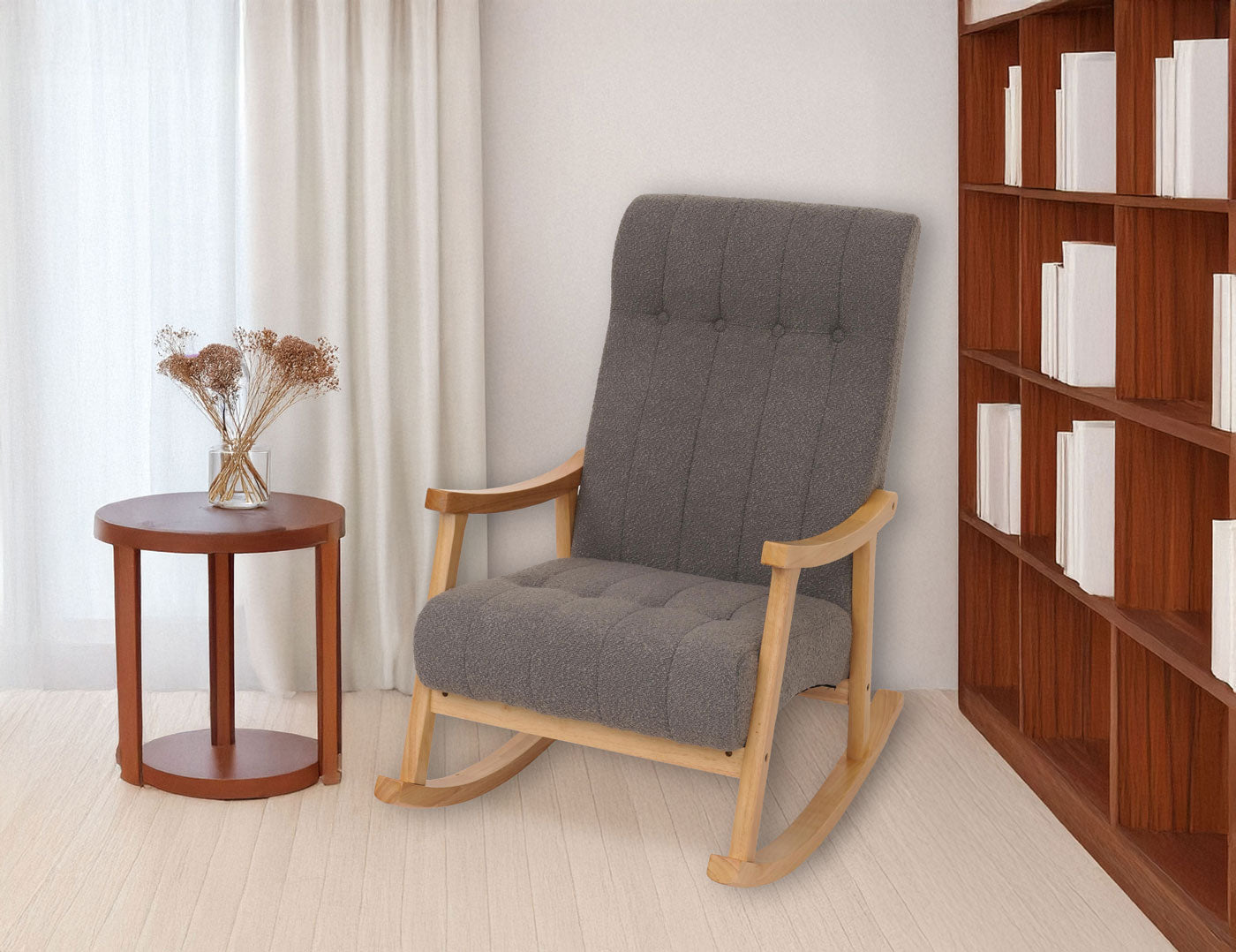 Schommelstoel MCW-K10, relaxfauteuil, hout MVG stof/textiel bouclé (450g/m²) ~ donkergrijs, frame naturel