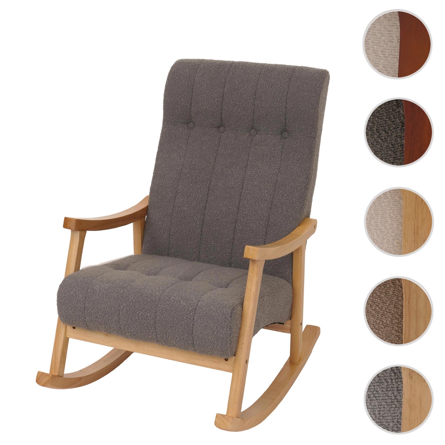 Schommelstoel MCW-K10, relaxfauteuil, hout MVG stof/textiel bouclé (450g/m²) ~ donkergrijs, frame naturel