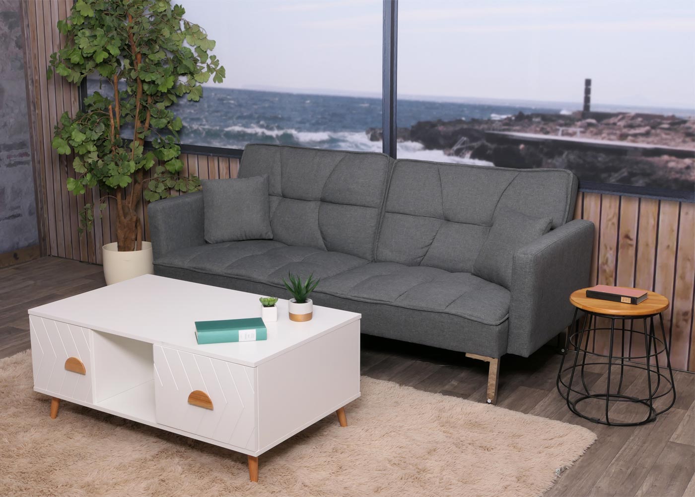 Salontafel MCW-N89, bijzettafel sofatafel, laden deuren vakken visgraatmotief melamine hout, 42x103x60cm ~ wit