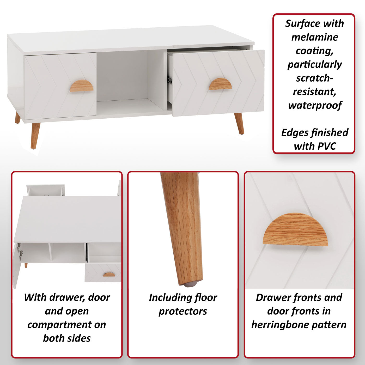 Salontafel MCW-N89, bijzettafel sofatafel, laden deuren vakken visgraatmotief melamine hout, 42x103x60cm ~ wit