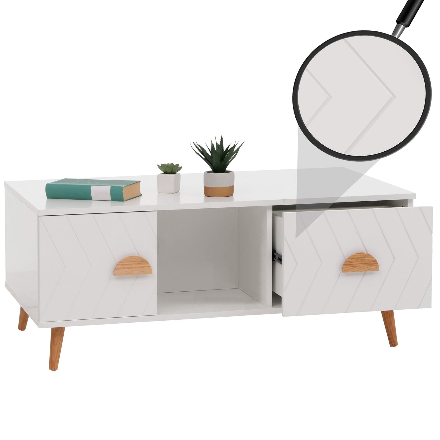 Salontafel MCW-N89, bijzettafel sofatafel, laden deuren vakken visgraatmotief melamine hout, 42x103x60cm ~ wit
