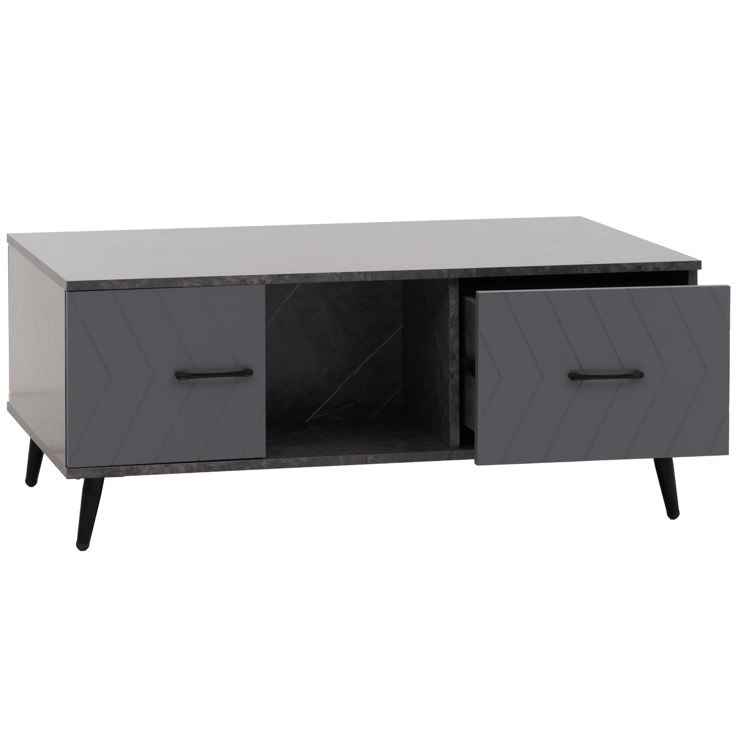 Salontafel MCW-N89, sofatafel, laden deuren vakken visgraatmotief melamine hout, 42x103x60cm ~ marmer look grijs