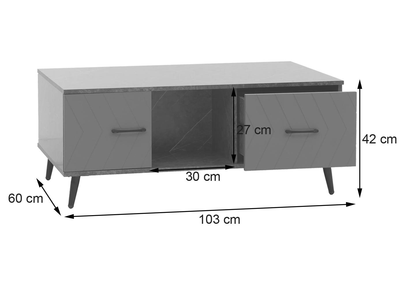 Salontafel MCW-N89, sofatafel, laden deuren vakken visgraatmotief melamine hout, 42x103x60cm ~ marmer look grijs