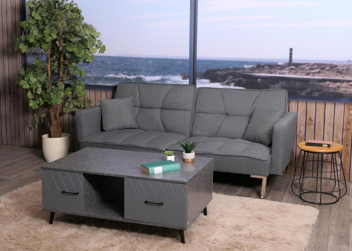 Salontafel MCW-N89, sofatafel, laden deuren vakken visgraatmotief melamine hout, 42x103x60cm ~ marmer look grijs