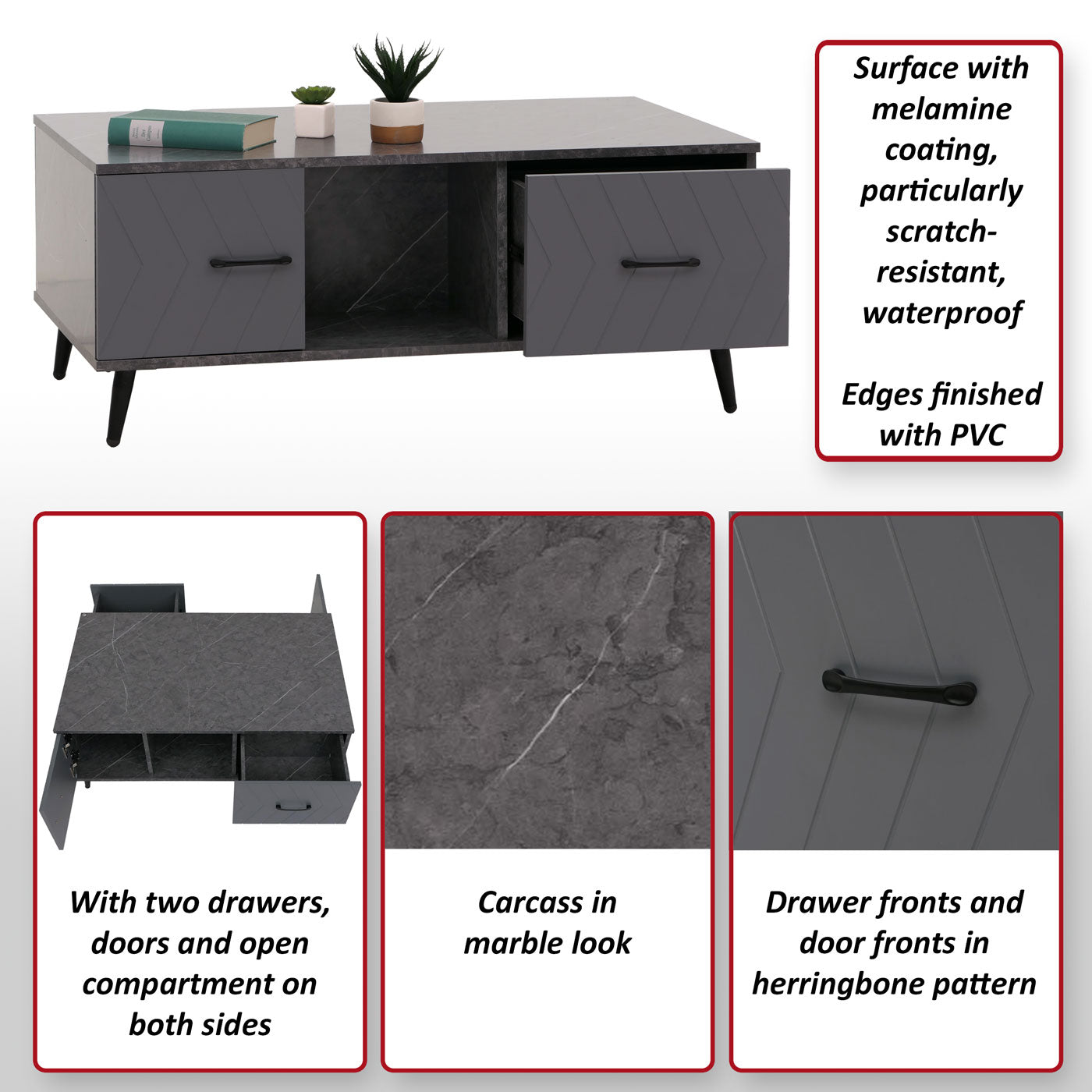 Salontafel MCW-N89, sofatafel, laden deuren vakken visgraatmotief melamine hout, 42x103x60cm ~ marmer look grijs