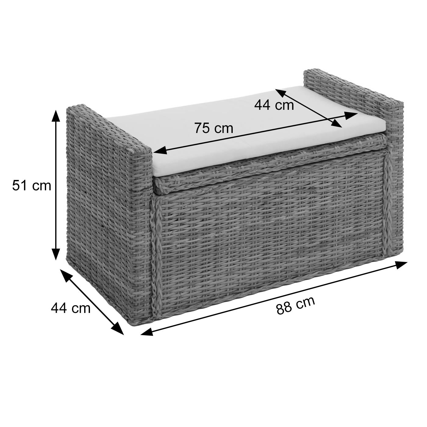 Bank M92 Garderobebank Bankkruk, met opbergruimte Kussen Kubu rotan 88cm ~ wit