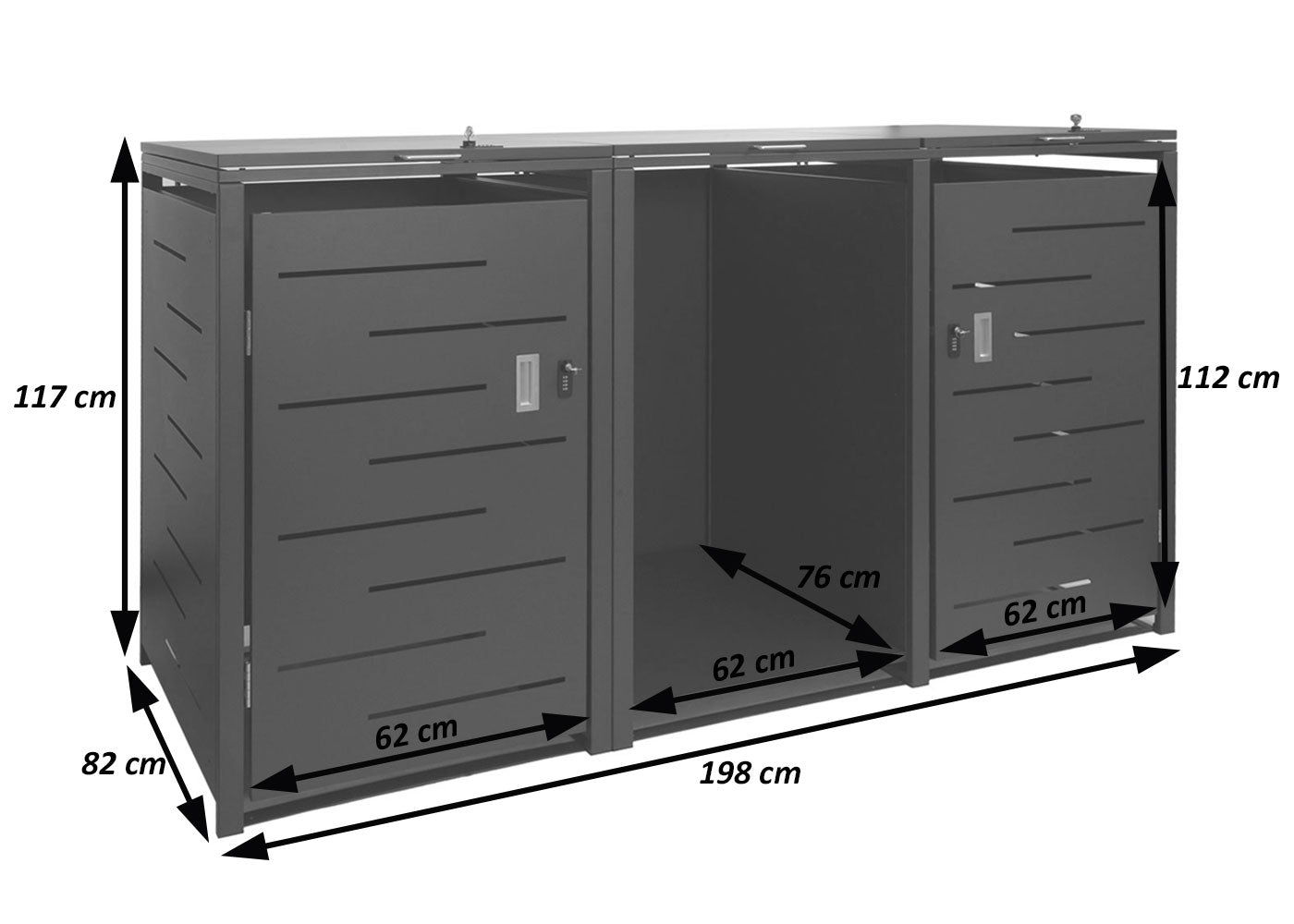2 afvalemmerbehuizing met brandhoutrek MCW-E83, afvalemmerbox, uittrekbaar 117x198x82cm 80kg ~ antraciet, staal