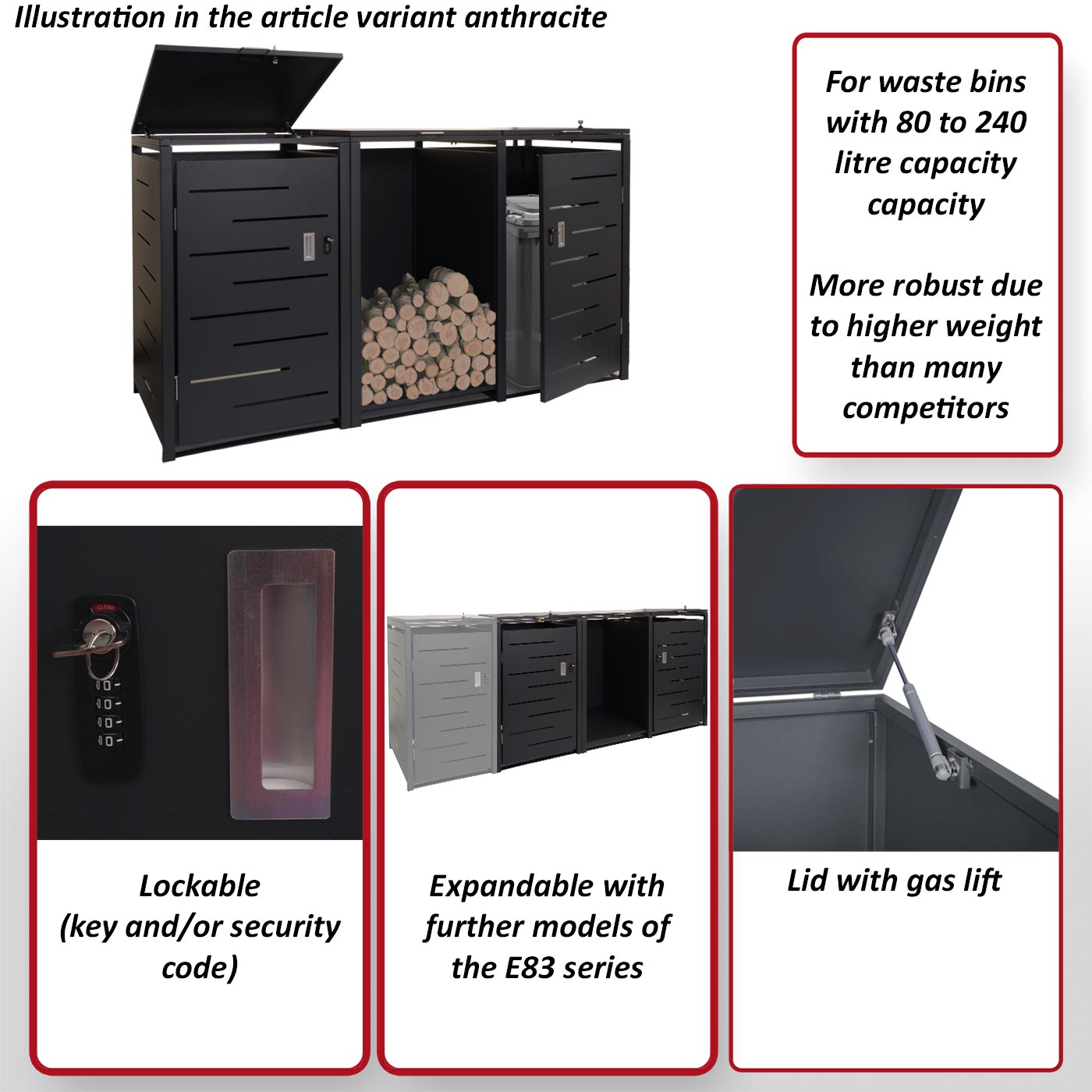 2 afvalemmerbehuizing met brandhoutrek MCW-E83, afvalemmerbox, uittrekbaar 117x198x82cm 80kg ~ antraciet, staal