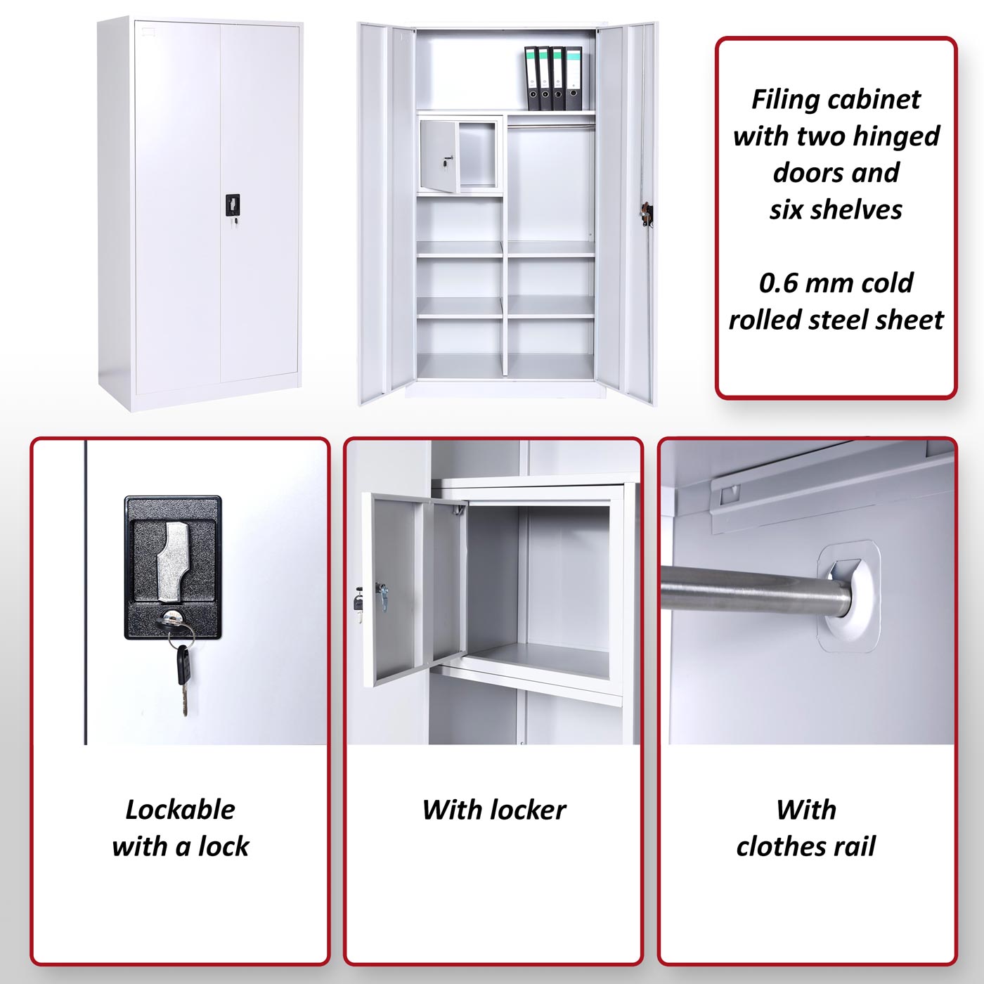 Archiefkast MCW-L60, stalen multifunctionele kast, locker kledingstang afsluitbaar, metaal 185x90x45cm, grijs