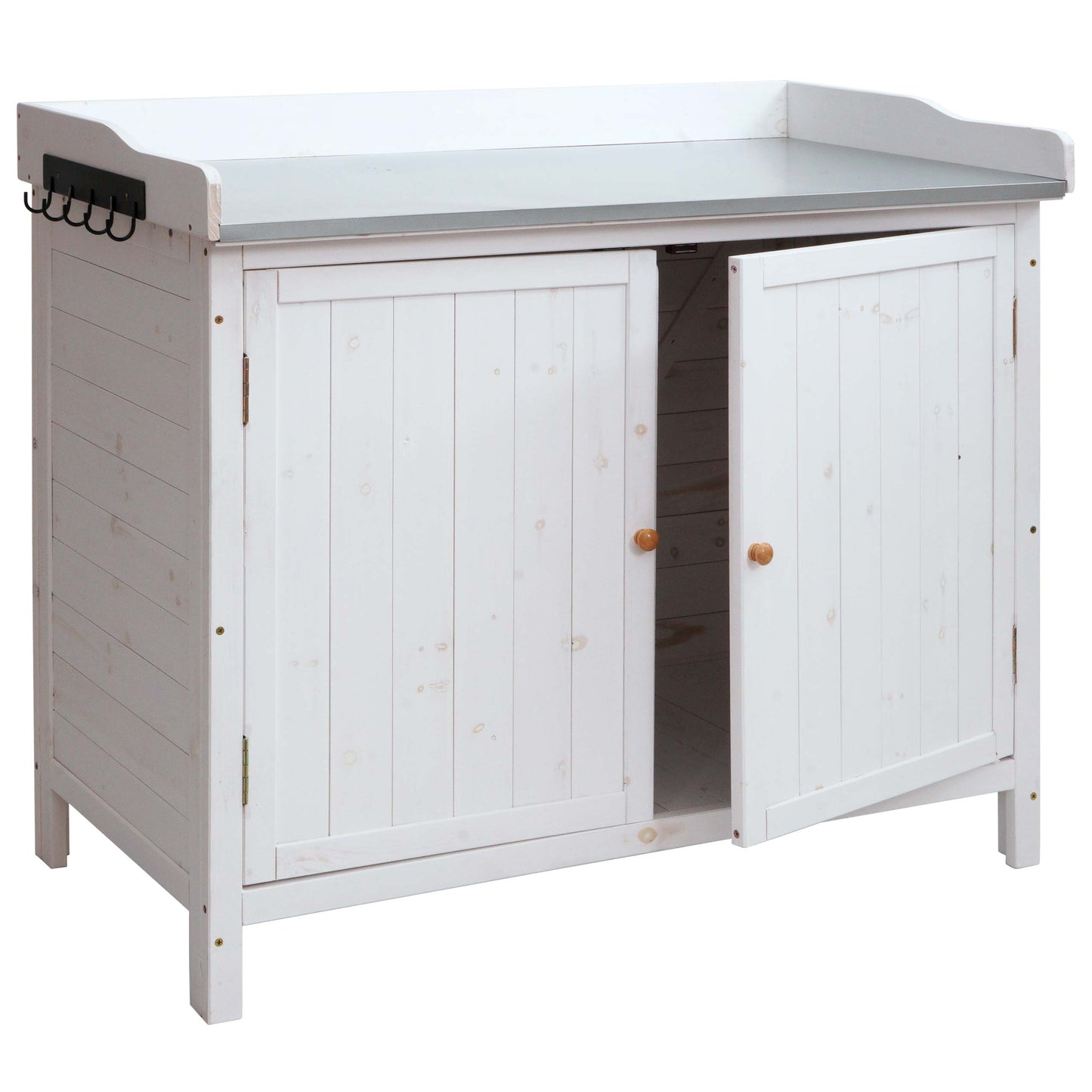 Tuinkast met werkblad MCW-L69, planttafel, outdoor sparrenhout MVG-gecertificeerd 86x104x52cm ~ wit
