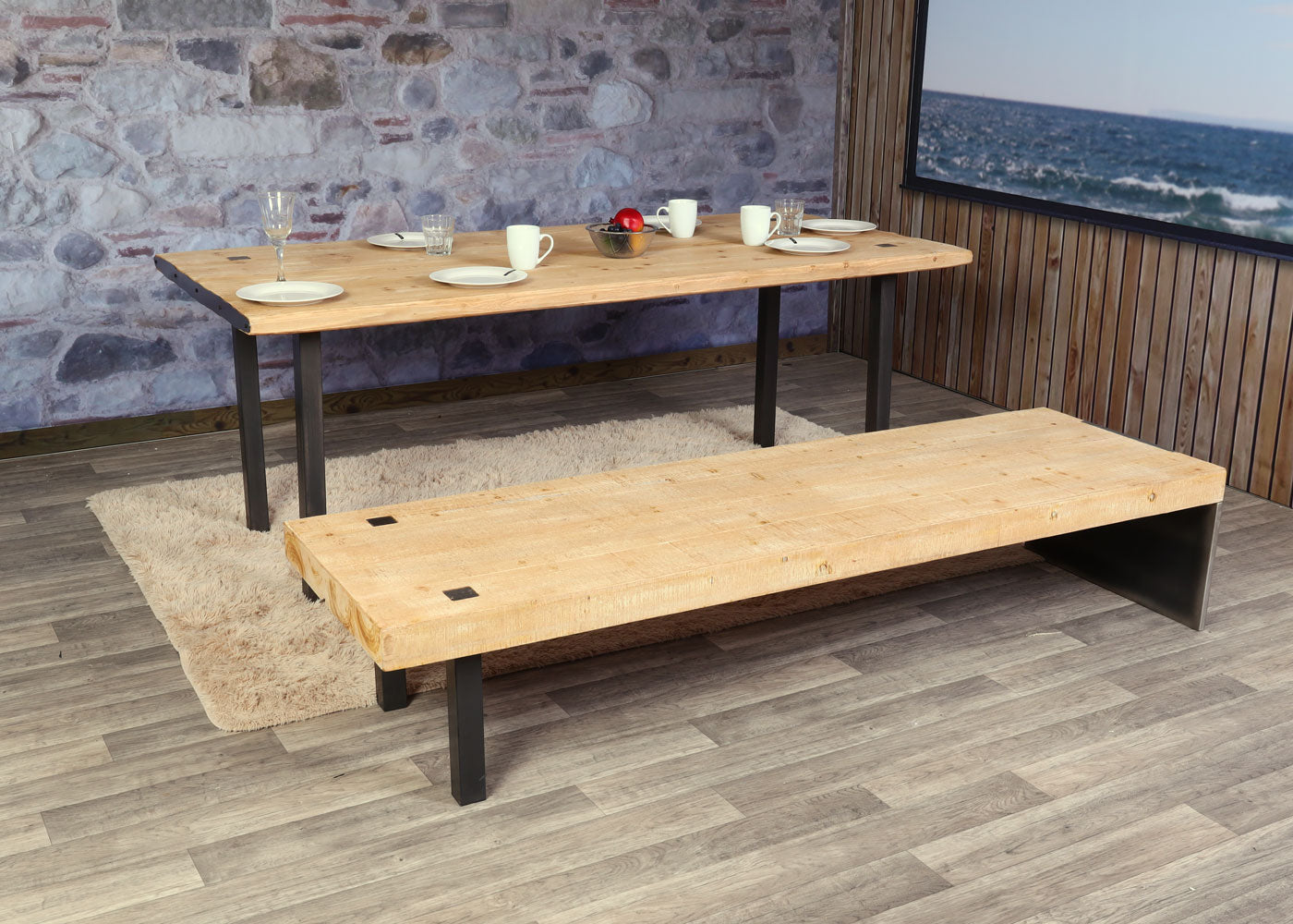 Bank MCW-L75, Eetkamerbank Bank Garderobekast, industrieel massief hout MVG-gecertificeerd 200cm, naturel