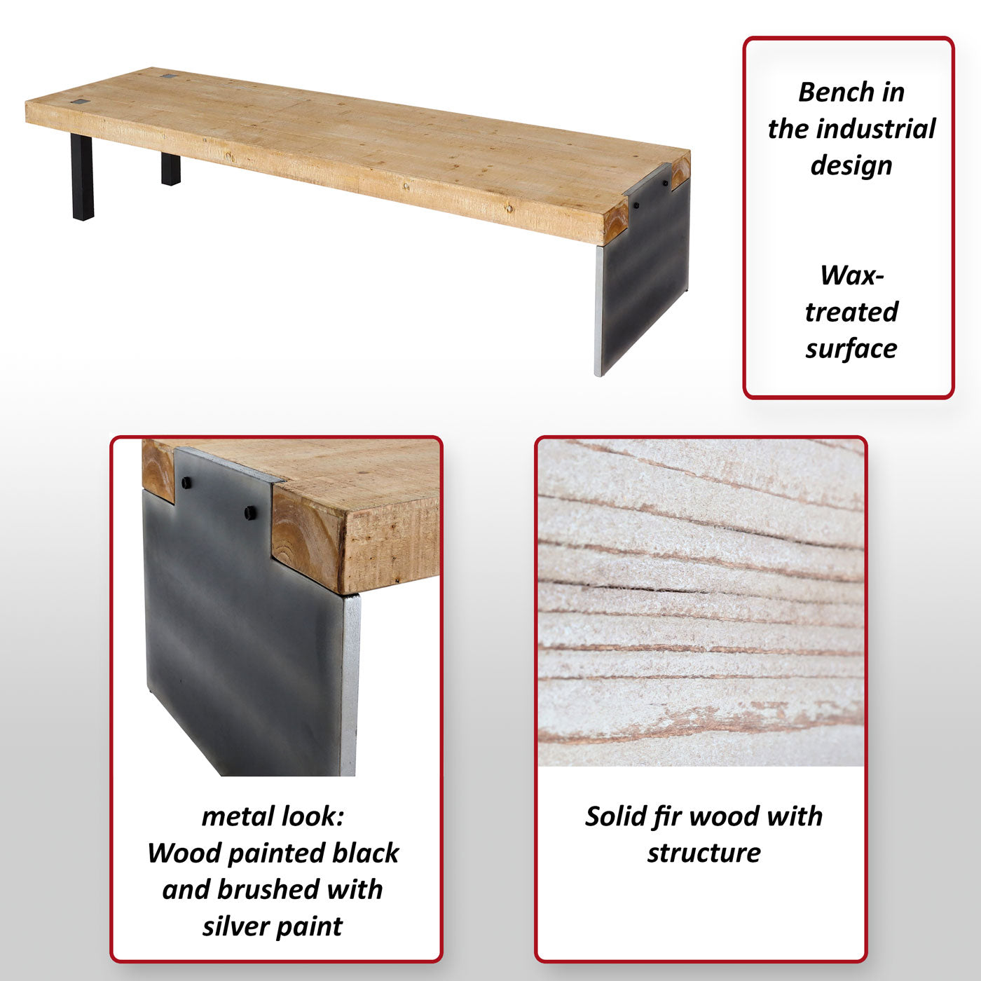 Bank MCW-L75, Eetkamerbank Bank Garderobekast, industrieel massief hout MVG-gecertificeerd 200cm, naturel