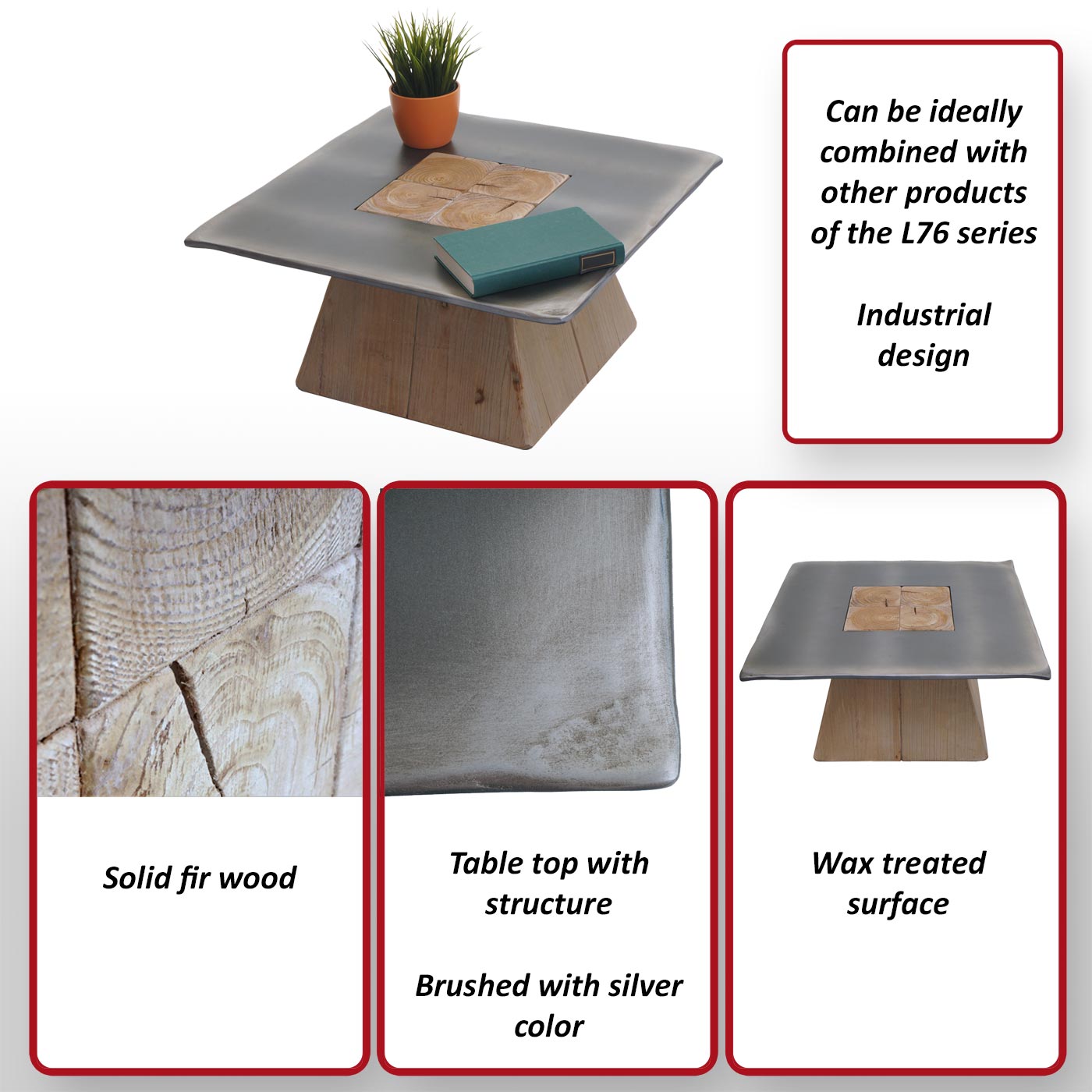 Salontafel MCW-L76, woonkamertafel bijzettafel, industrieel massief hout MVG, 60x60cm naturel met metaal look