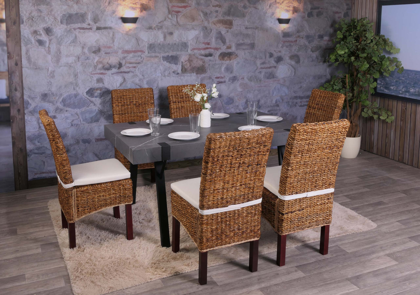 Set van 6 eetkamerstoelen rieten stoel M69 stoel BALI banaan rieten ~ licht, met kussen