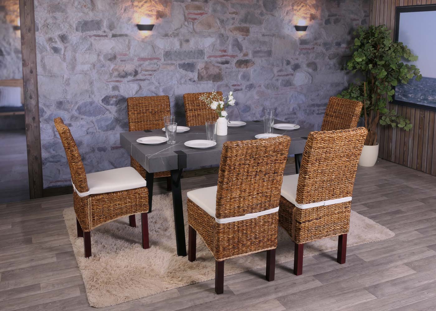 Set van 2 eetkamerstoelen rieten stoel M69 stoel BALI banaan rieten ~ licht, met kussen