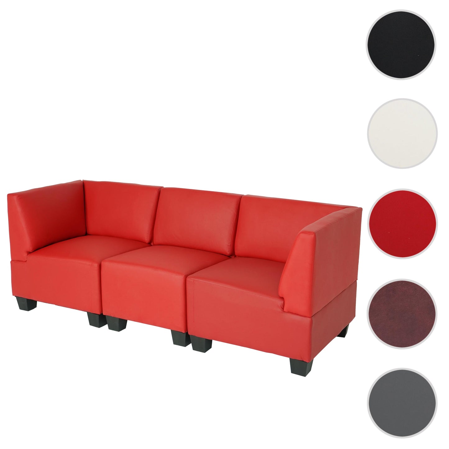 Modulaire 3-zitsbank Lyon, kunstleer ~ rood, hoge armleuningen