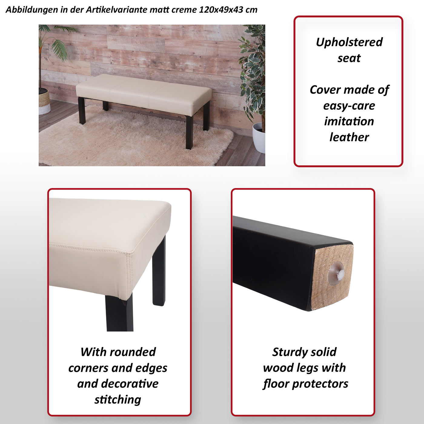 Bank Gestoffeerde bank Bank M37 kunstleer ~ 120x43x49 cm crème, donkere poten