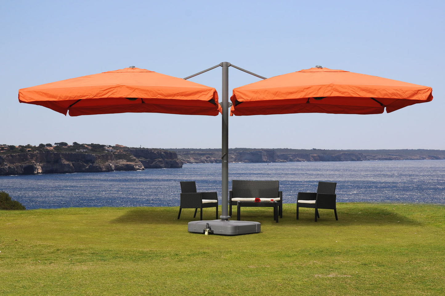 Zweefparasol T44, pergola luifel effect, 6,2x3m polyester 50kg ~ terracotta + staander