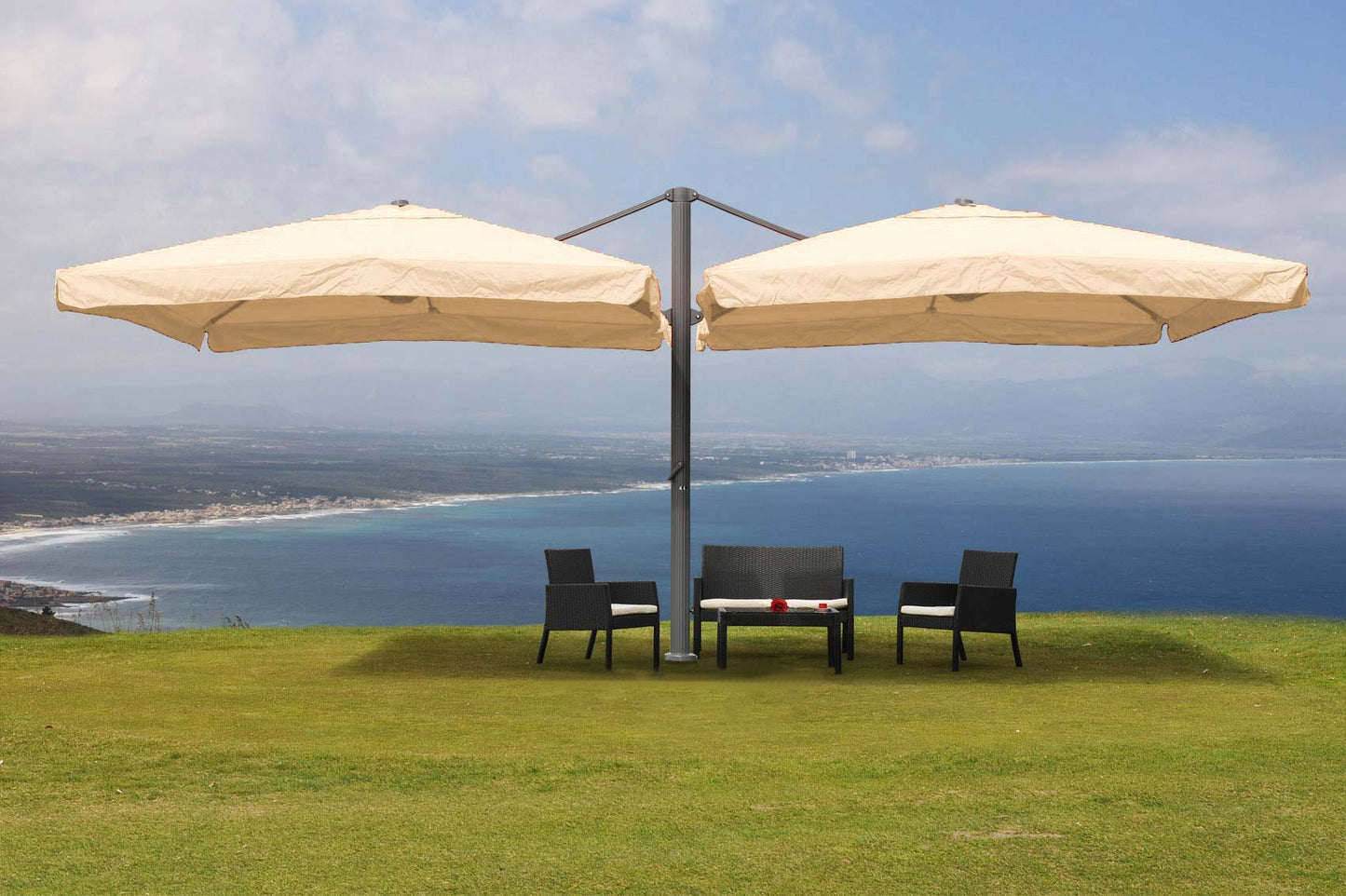 Zweefparasol T44, pergola luifel effect, 6,2x3m polyester 50kg ~ crème-beige