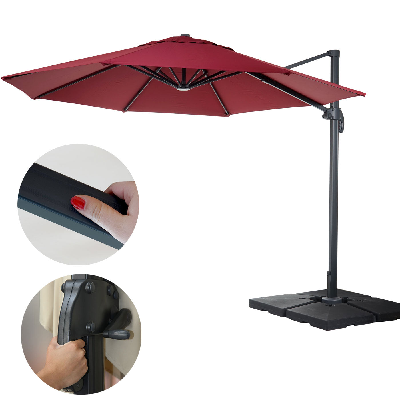 Zweefparasol MCW-A96, parasol, rond Ø 4m polyester/aluminium 27kg ~ bordeaux met voet