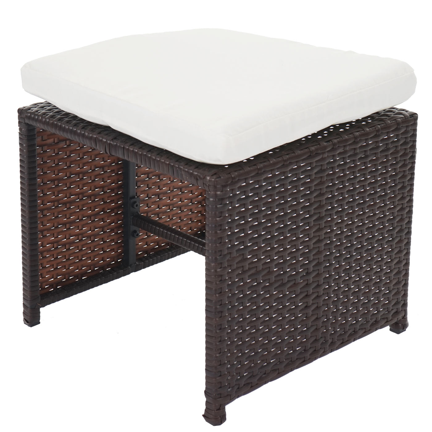 Set van 4 poly rotan krukjes Kreta, tuinkruk zitkruk ~ bruin, kussens crème