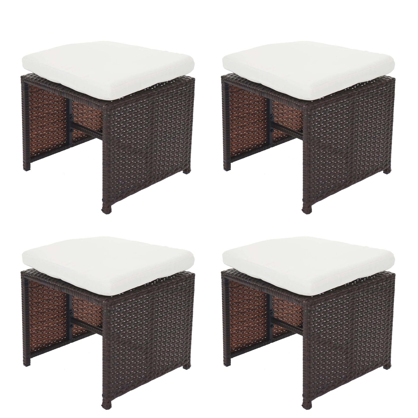 Set van 4 poly rotan krukjes Kreta, tuinkruk zitkruk ~ bruin, kussens crème