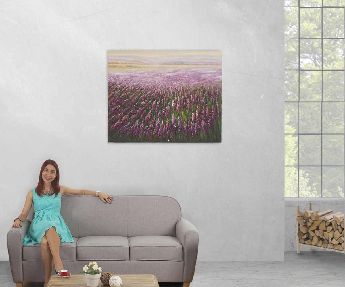 Olieverfschilderij Bloemenveld, 100% handgeschilderde muurschildering XL, 100x80cm