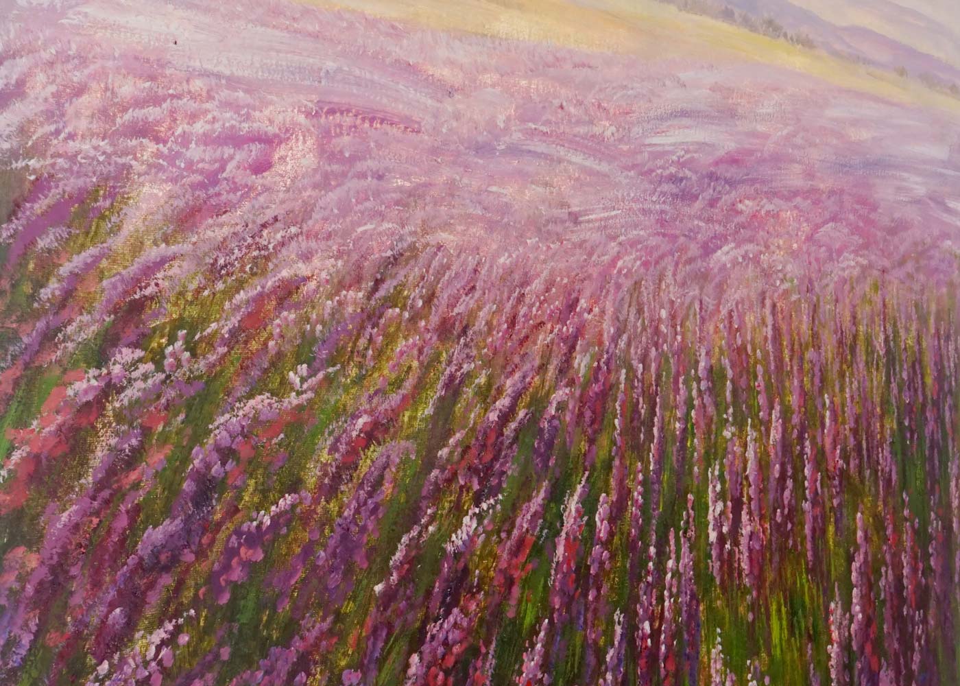 Olieverfschilderij Bloemenveld, 100% handgeschilderde muurschildering XL, 100x80cm