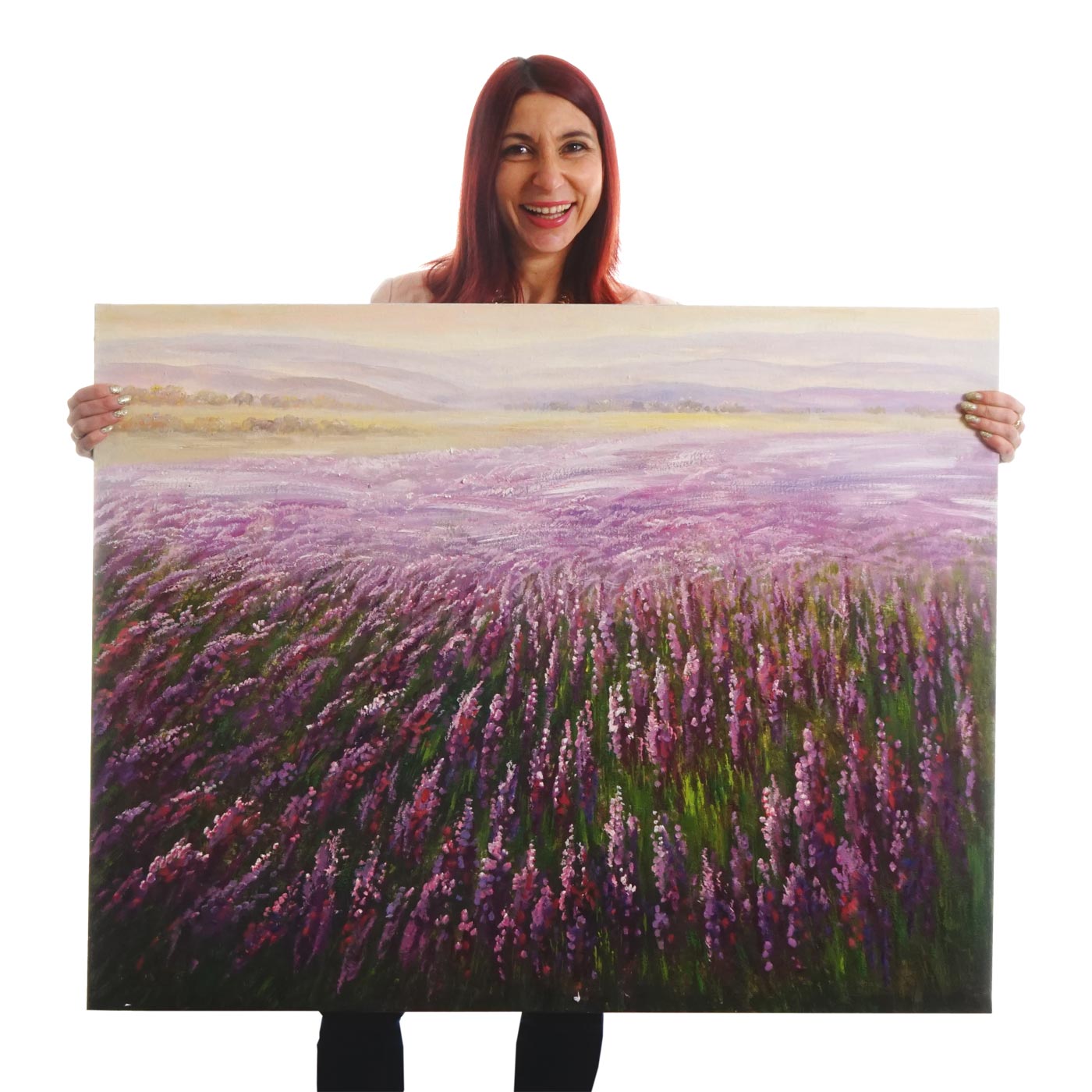 Olieverfschilderij Bloemenveld, 100% handgeschilderde muurschildering XL, 100x80cm