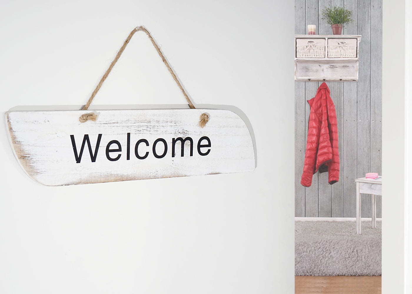 Wandbord Welkom, decoratief houten bord, shabby look 10x43x1cm ~ wit