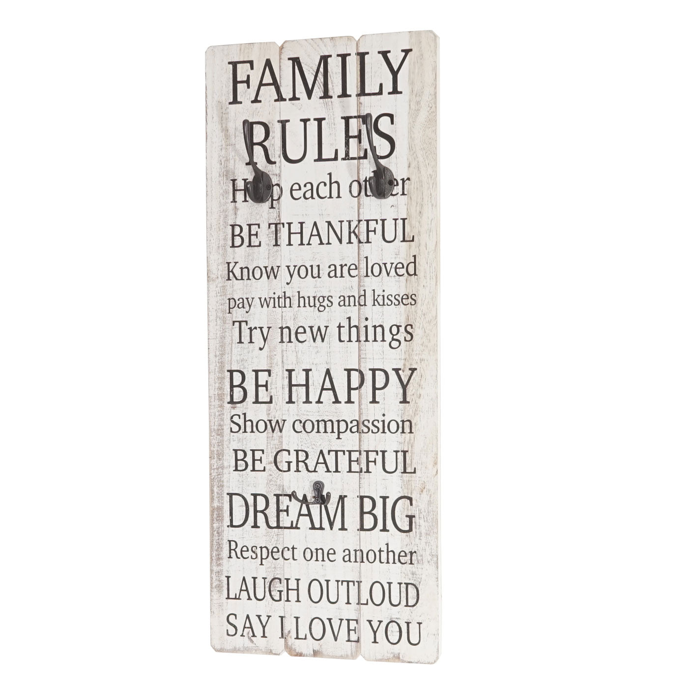 Wandkapstok Family Rules, kapstokpaneel, shabby-look vintage met 3 haken 76x31cm