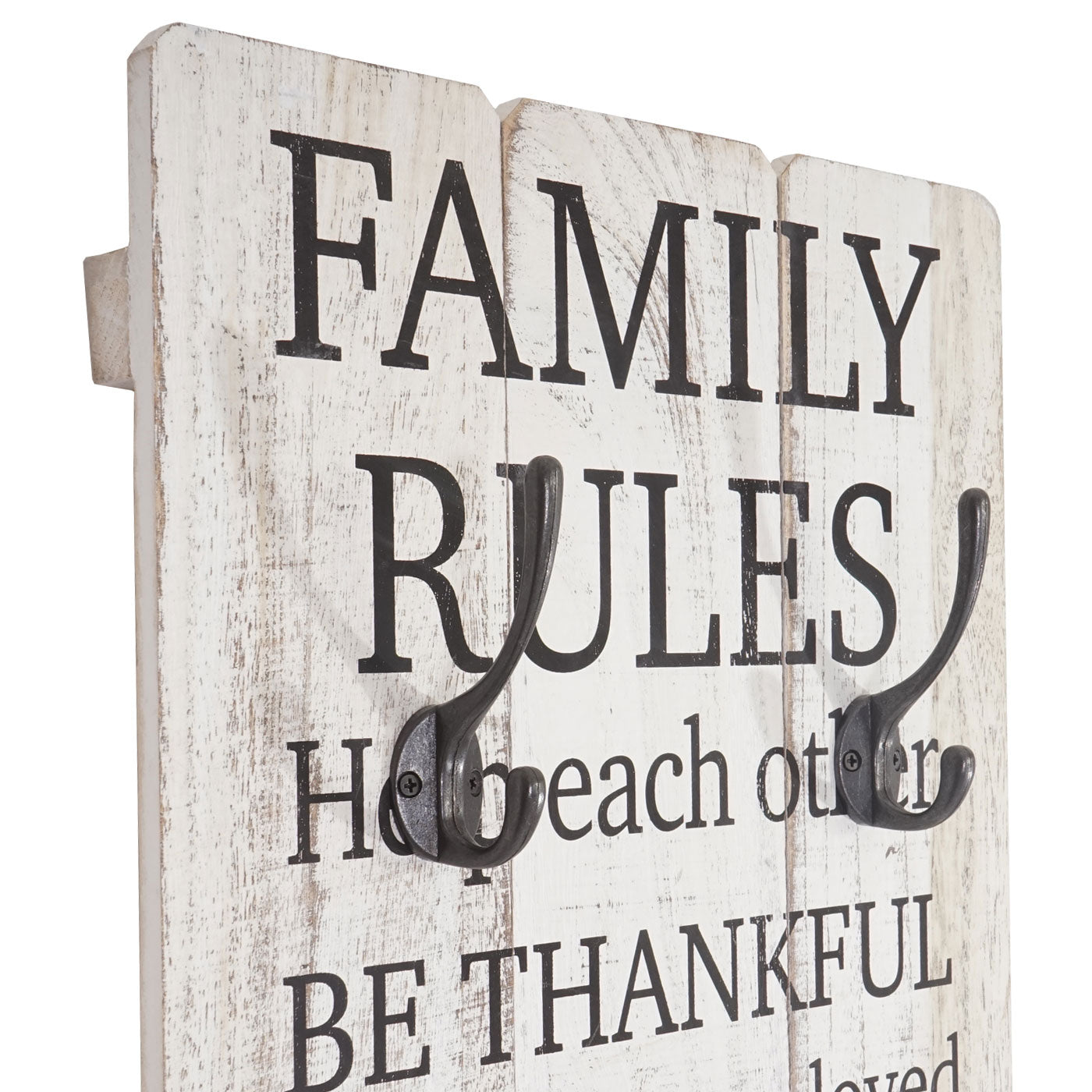 Wandkapstok Family Rules, kapstokpaneel, shabby-look vintage met 3 haken 76x31cm