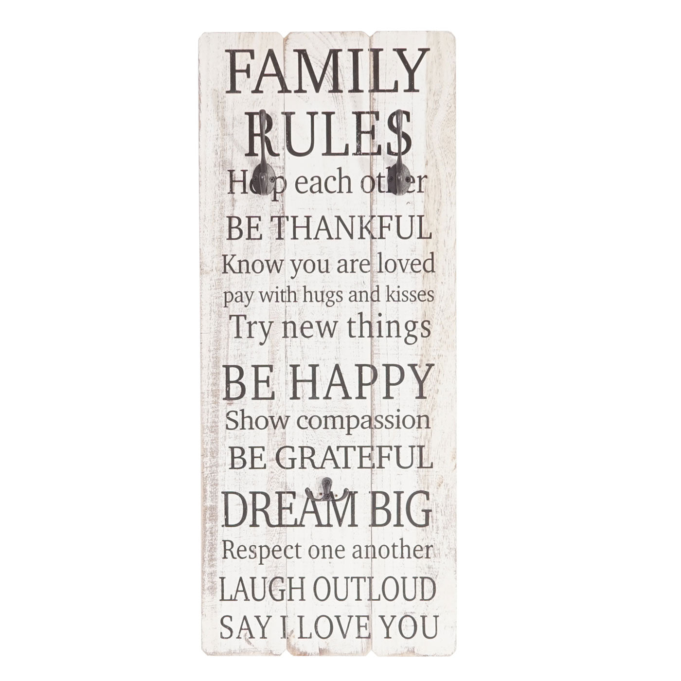 Wandkapstok Family Rules, kapstokpaneel, shabby-look vintage met 3 haken 76x31cm