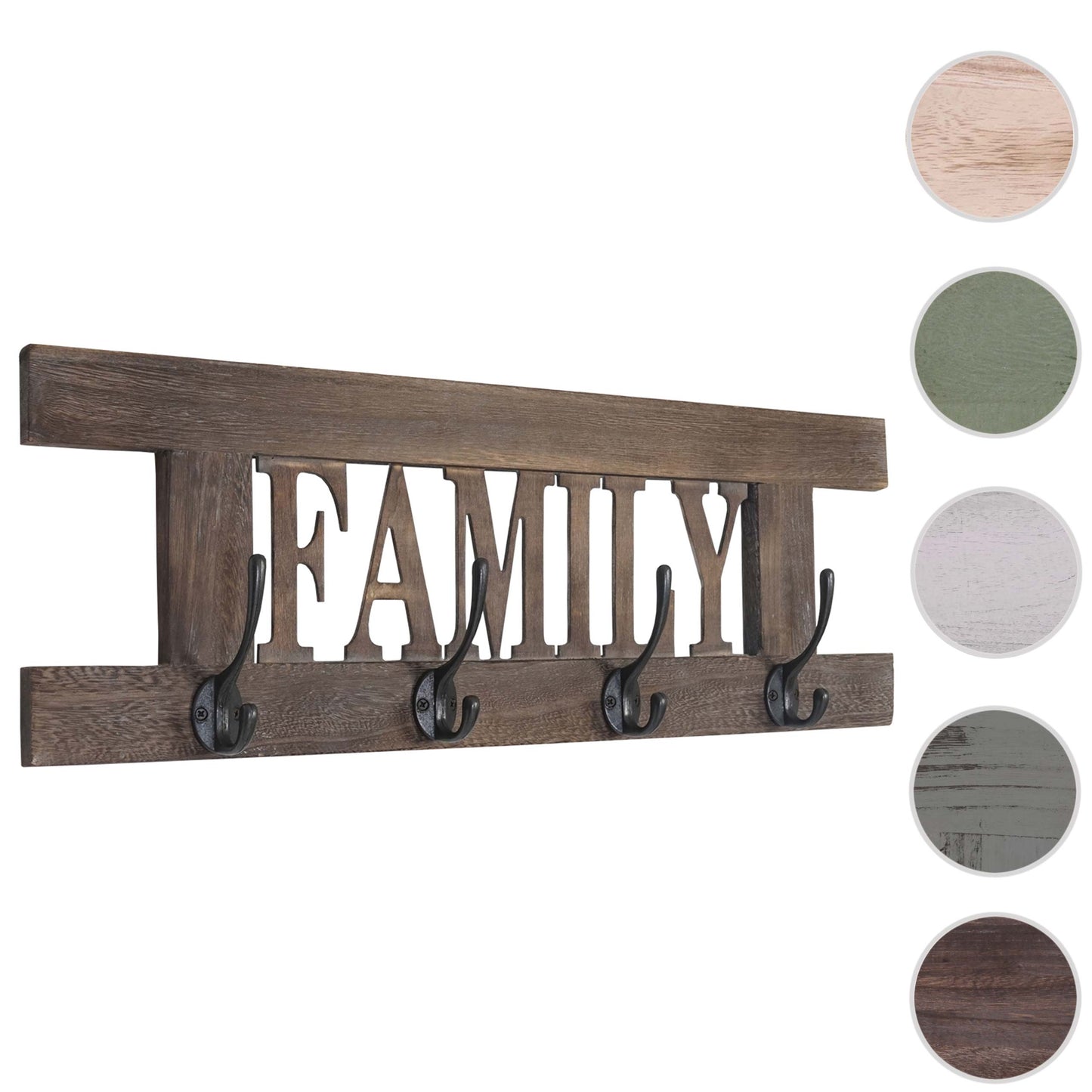 Wandkapstok MCW-C60 Familie, kapstok, kapstokpaneel, shabby look vintage 60x21cm ~ bruin, shabby