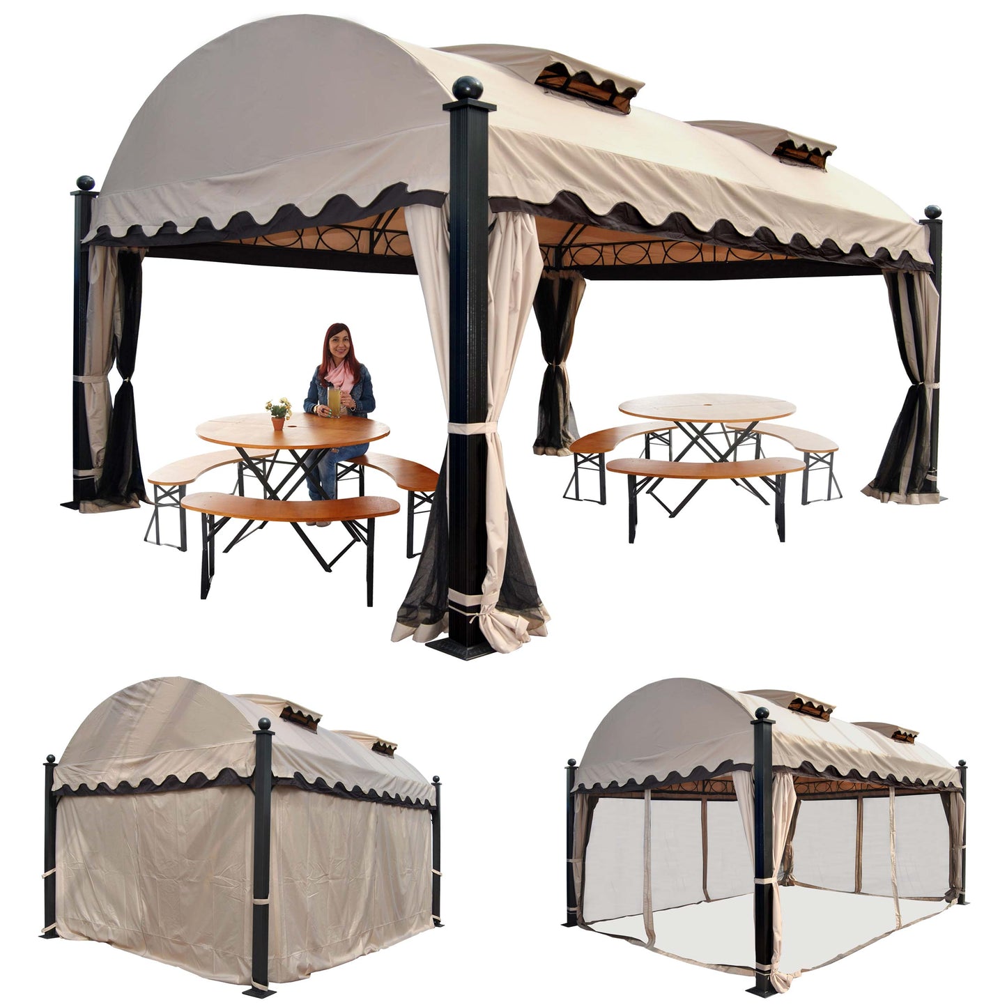 Pergola Daroca, tuinpaviljoen, 10cm luxe aluminium frame met zijwand + muggengaas 4,5x3,5m