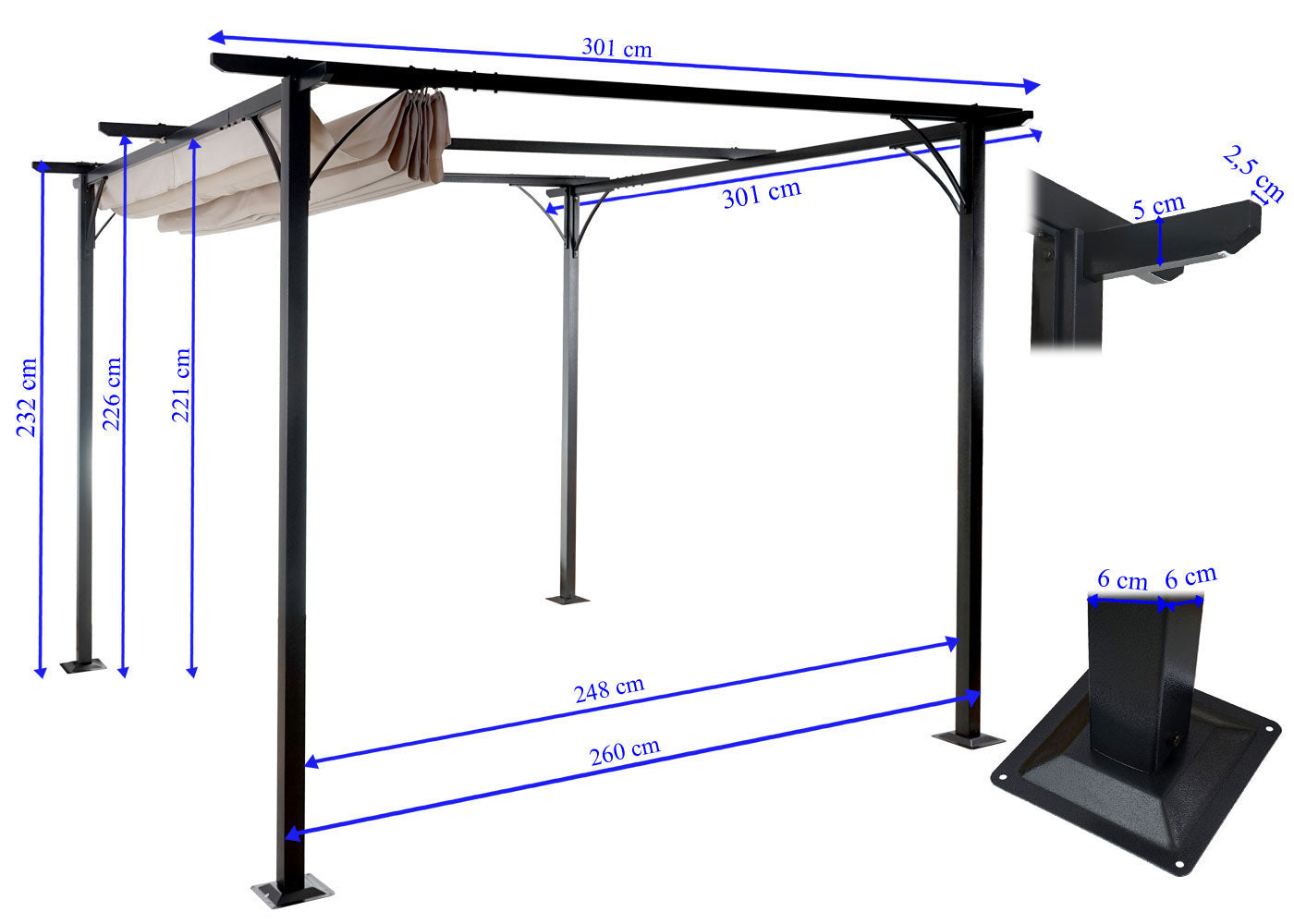 Pergola MCW-C42, tuinpaviljoen, stevig 6cm frame + schuifdak ~ 3x3m crème