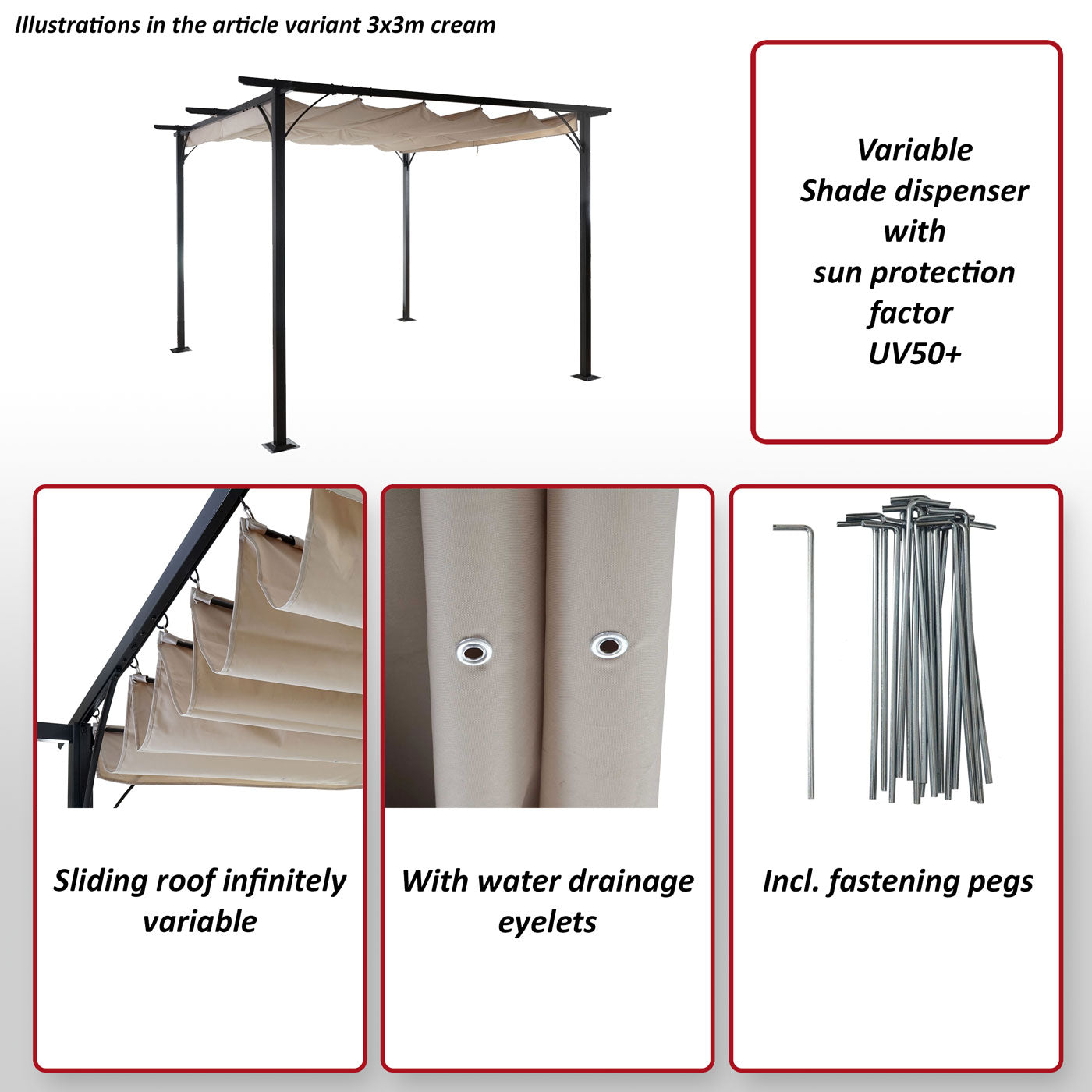 Pergola MCW-C42, tuinpaviljoen, stevig 6cm frame + schuifdak ~ 3,5x3,5m grijs