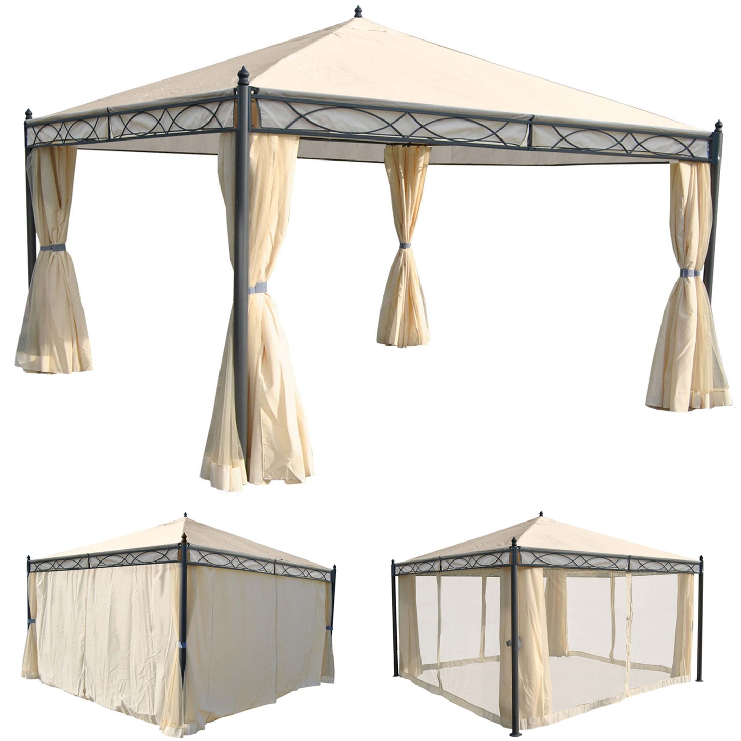 Pergola Cadiz, tuinpaviljoen, stevig 7cm frame met zijwand + muggengaas ~ crème 4x4m
